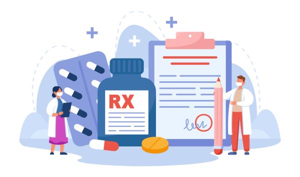Tiny pharmacists with prescription drugs for patients. Pharmaceutical industry, RX symbol on bottle of painkillers flat vector illustration. Pharmacy, medicine, health concept for banner